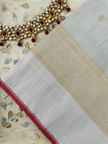 Banarasi Kora Tissue Organza Silk Saree | Off white (Silver) | Gold & Silver Zari | Handwoven | Ships from California